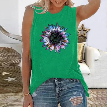 Seeyoushy Spalvinga Saulėgrąžų Gėlių Spausdinti Moterys T-shirt Vasaros Prarasti Berankoviai Marškinėliai, Femme Apvalios Kaklo Viršuje Drabužiai