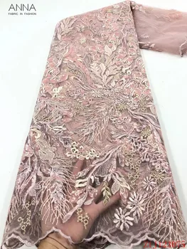 Anna afrikos ju nėrinių prancūzijos blizgančiais audinio 2020 m. aukštos qulity pilkos spalvos siuvinėjimo nigerijos tiulio raišteliais audiniai 5 metrų/vnt siuvimo