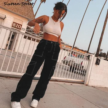 Streetwear Juodos Džinsinio Audinio Kelnės Moteris High Waisted Džinsų Kišenėje Balta Y2k Pločio Kojų Kelnės Draugu Baggy Jeans Moteriška Vasaros 2021
