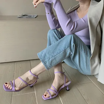 2021 korėjos violetinė žodžių su atvira pirštą aukštakulnius moterys Romos sandalai