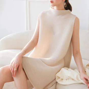 Gamintojas tiesiogiai tiekia 2021 Miyake draperija ISSEY vasaros jaunimo gražus gryna spalva prarasti berankovis suknelė PLAEATS