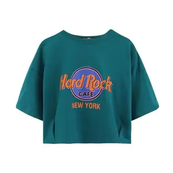 Hard Rock, New York Spausdinti Seksualus Pasėlių Viršų Moteris Tshirts O Kaklo Trumpomis Rankovėmis Pilkos Spalvos Marškinėliai Vasaros Y2k Estetinės 2021 Amerikietiško Stiliaus