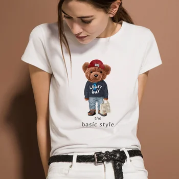 Minimalizmo Grafika T-shirt Harajuku Paprastas ir Gražus Meškiukas Trumpas rankovėmis Viršūnes Tees O-Kaklo Atsitiktinis Medvilnė