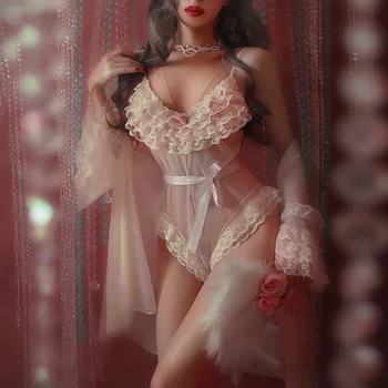 Retro Lolita Kimono Skraiste su Atvira Tarpkojo Bodysuit Gėlių Raukiniai Sleepwear Kawaii Nėrinių Lankas Seksualus Matyti Per Tiulio Tinklelio, Chalatas