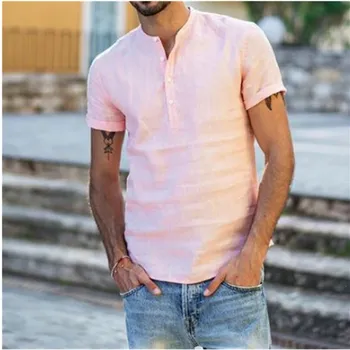 Summer Collarless Shirt Men Casual Solid Color Linen Short Sleeved Pullover Buttons Cool Shirt Streetwear Male Cotton loose Tops