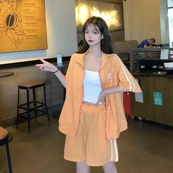 [Medvilnės] Vasaros mados sportinis kostiumas moteris studentų trumparankoviai šortai prarasti-dviejų dalių kostiumėlį oranžinė