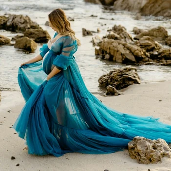 Elegantiška Mėlynos Motinystės Suknelė už Nuotrauką Šaudyti Užsakymą Pagaminti Vien Tiulio Ilgas Motinystės Chalatai Moterims, Suknelės Fotografija