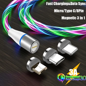 Atnaujinti 3A Magnetinio USB Kabelis, LED 3 In 1 Telefono Laidas Magnetas Micro USB C Tipo C Įkroviklio Laidą 