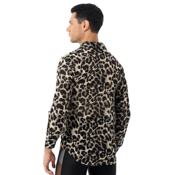 Vyrai Streetwear Mados Šifono T-shirt Žr.-per Leopard Print Mygtuką Marškinėliai Turn-žemyn Apykaklės ilgomis Rankovėmis naktinis klubas Egzotinių medžių Viršūnes