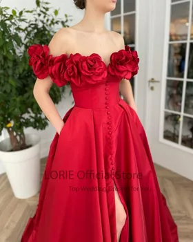 LORIE Raudona Vestuvinių Suknelių Rankų darbo Gėlės Mygtukai A-Line Bridal Suknelės Off Peties Satino arabų Vestuvių Suknelė su Poackets