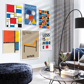 Bauhaus Stiliaus Plakatą, kad Mažiau yra Daugiau, Sienų Lipdukai, Raudona Geltona Mėlyna Geometrinis Spaudinių Plakatas, Kiki Kėdė Derliaus Meno Dekoro
