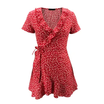 2021 naujas Mados Moterų Šifono Suknelė Pynimas trumpomis Rankovėmis Spausdinti Tvarstis Suknelės Atsitiktinis V-kaklo, Mini Suknelė, Paplūdimio suknelė Ropa Mujer
