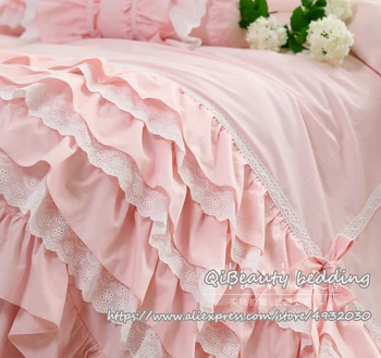 Elegantiška, gryna spalva smėlio nėrinių ir bowknot lova sijonas medvilnės rožinė princesė antklode padengti patogi patalynė
