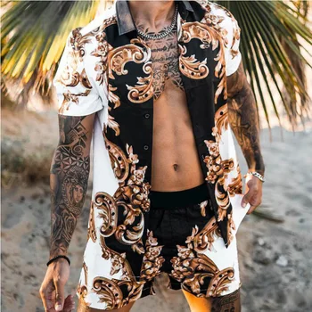 2021 M. Vasarą Vyrams Havajų Kostiumas Spausdinimo Trumpas Rankovėmis Mygtuką Marškinėliai + Paplūdimio Šortai Smėlio Paplūdimio Dviejų Dalių Atsitiktinis Mens Kostiumas