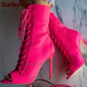 Surkova Pink Neon Geltona Ruožas Lycra Batai Plonas, Aukštas Kulnas Atviras Pirštas Trumpas Bateliai Kryžiaus Dirželis Nėriniai-up Suknelė, Batai Size46