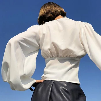 Rudens prancūzijos Romantika V-kaklo, Pynimas Pasėlių Top Women marškinėliai 2021 Elegantiškas Office Lady Balta Prarasti Plonas Kietas Marškinėliai, Mujer
