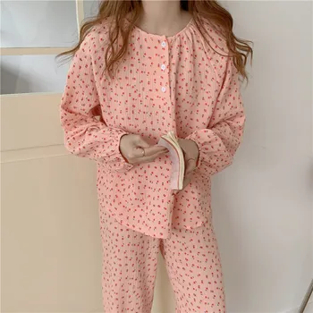 Gėlių Spausdinti Medvilnės Sleepwear Pižama Rinkiniai Mygtukai O-Kaklo, Ilgomis Rankovėmis Laisvalaikio Namuose Tiktų Palaidi Dviejų Dalių Komplektas Kelnės Namų Drabužiai