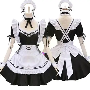 Moterys Kambarinės Apranga Anime Ilga Suknelė Juoda ir Balta Suknelės Vyrai Lolita Dress Kostiumai Cosplay Kavinė Prijuostė Kostiumas T6D3