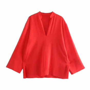 Za Moterų 2021 raudona V-kaklo Padalinta dizainas, Užuolaidų marškinėliai Mados Prarasti Derliaus ilgomis Rankovėmis Moteriška Marškiniai, Elegantiškos Viršūnės