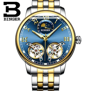 Šveicarija BINGER Double Tourbillon Laikrodžiai vyriški Safyro Stiklas Automatinis laikrodis Savarankiškai Vėjo Mados Vyrų Mechaninis Laikrodis