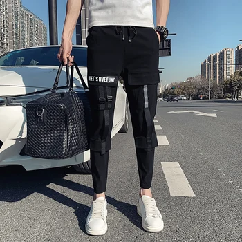 Korėjos Vasaros Streetwear Poilsiu Kelnės Vyrams, Drabužiai 2021 Paprasta Visų Rungtynių Slim Fit Juostelės Dekoro Atsitiktinis Kelnės Hip-Hop Black 36