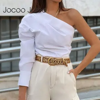Jocoo Jolee Moterų Elegantiškas Vieno Peties Balti Sexy Marškinėliai ilgomis Rankovėmis Single-breasted Slim Palaidinės ir Viršūnių Paprasta Prašmatnus Tunika