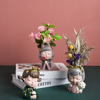 2021 karšto Šiaurės stiliaus dervos vaza mergaitę lėlės apdailos sultingi augalų puodą šiuolaikinių namų puošybai rašiklio laikiklis mažas