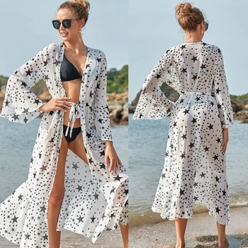 Moterų Bikini Maudymosi Kostiumėlį Padengti Iki Atidarykite Priekiniai Maxi Ilgio Kimono Megztinis Penkerių-Pažymėjo Žvaigždutė Spausdinti Šifono Susiėmę Paplūdimio Suknelė