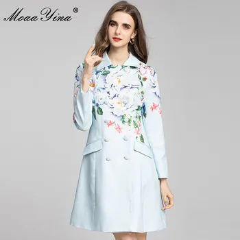 MoaaYina Mados Moterų Rudens Žiemos Taku Tranšėjos Paltai Elegantiškas Gėlių Spausdinti Dvigubo Breasted ilgomis rankovėmis Mėlynas Paltas Outwear
