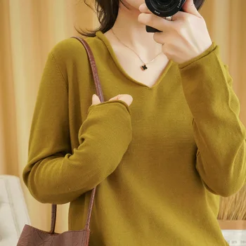2021 ilgomis rankovėmis megztiniai megztinis (puloveris), žemiausią marškinėliai Kieto spalvų pavasario vasaros medvilnės T-shirt V-kaklo palaidinė Lieknas moteris