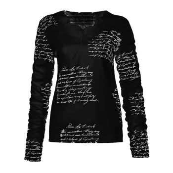 Moteris Tshirts Viršūnes Moterų 2020 M. Žiemos Sujungimas Fashion Lace V-Neck Nėrinių Print Long Sleeve T-Shirt Camisetas Mujer