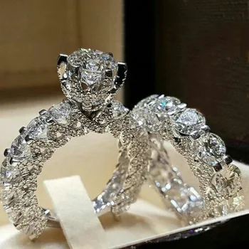 2021 Mados 925 Sterling Silver Crystal Pažadas Žiedas Moterims, 2vnt/komplektas 2 In 1 Sužadėtuvių, Vestuvių AAA CZ Cirkonis Žiedai, Papuošalai