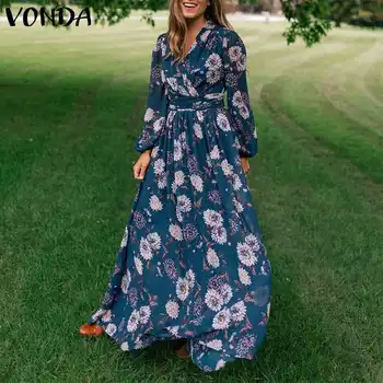 Vasaros Sundress Elegantiškas Printed Dress Moterų Retro Sexy V Kaklo Šalis, Ilgas, Maxi Suknelės 2021 VONDA Atsitiktinis Vestidos