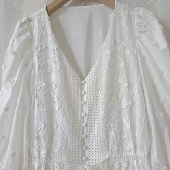 2021 Moterų Balta Vasaros Suknelė Dizaineris Mados Žibinto Pusę Rankovėmis V-Kaklo Gėlių Siuvinėjimas Splited Ilgas Šalis Atostogų Suknelė