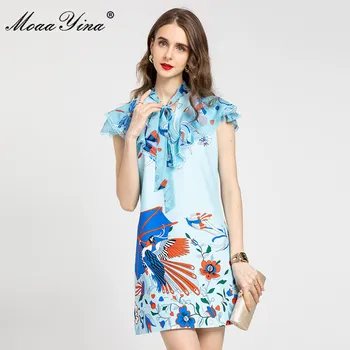 MoaaYina 2021 m. Vasarą Elegantiška Mėlynos spalvos Gėlių Trumpą Suknelę Moterų Drugelis Pynimas Rankovės Gyvūnų spausdinti Šalis Derliaus Mini Suknelės