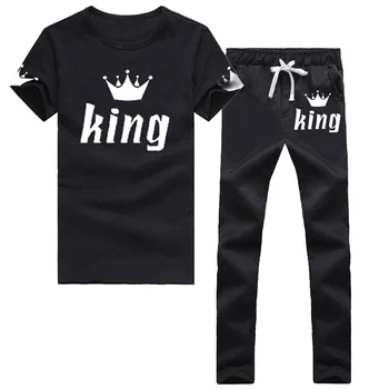 Bababuy Karalius ir Karalienė Mėgėjams Pora Atitikimo Rinkinys trumpomis Rankovėmis T-Shirt ir Sweatpants Kelnės Vyrams, Moterims Laisvalaikio sportiniai Kostiumai