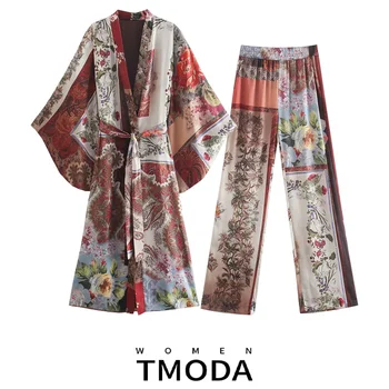 TMODA1550 Za 2021 M. Vasarą Moterys Prarasti Paplūdimys Kimono Palaidinukės Su Diržo Ir Margo Gėlių Spausdinti Kelnės Moteriška Elegancija Dviejų dalių Rinkiniai