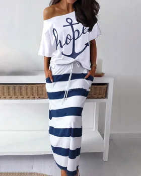 Populiarus karinio jūrų Laivyno stiliaus laisvalaikio valties inkaro atspausdintas trumpas rankovės marškinėliai + sijonas kostiumas