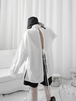 Yamamoto ilgomis rankovėmis marškinėliai moterų backless grupė dizainerių iš mažų tamsių vidutinio ilgio dėvi marškinėlius