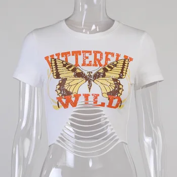 Hillbilly 80's Vintage Cotton T Shirts Drugelis Didelis Spausdinti Prašmatnus Skylę Apkarpyti Viršūnes Moterų Mini Marškinėliai Naujas Vasaros Streetwear Moterų Tee