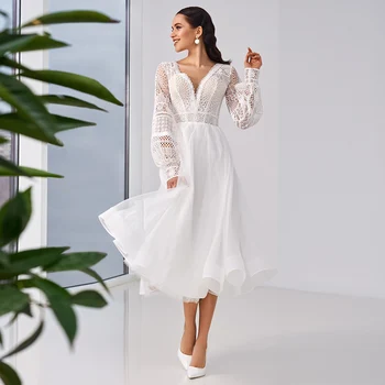 Arbata Ilgis Vestuvių Suknelė iki 2021 m. Elegantiškas V-Kaklo, Nėriniai ilgomis Rankovėmis Užsakymą Organza Vestuvinės Suknelės su Mygtuką Atgal