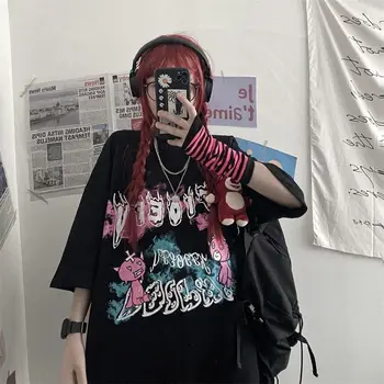 QWEEK moteriški Medvilniniai marškinėliai Harajuku Vasaros Anime Balti trumpomis Rankovėmis T-marškinėliai su Spausdinimo Gotikos Tamsiai Goth Viršūnes Moteris