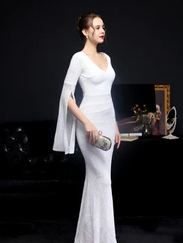 Balta China vakarinę Suknelę Moterys ilgomis Rankovėmis Suknelė YIDINGZS Elegantiškas Šalis Maxi Suknelė