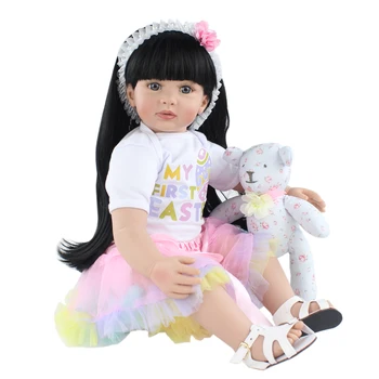 60 CM Minkšto Silikono Reborn Baby Doll Girl 24 Colių Juodi Ilgi Plaukai Princesė Bamblys Vaikams Gimtadienio Dovana Žaisti Namuose prieš Miegą Žaislas