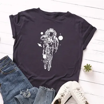 Plius Dydis S-5XL Astronautas Dviračių Print T-Shirt Moterims, Medvilnės Marškinėliai Moterims O Kaklo trumpomis Rankovėmis Vasaros Marškinėliai Moteriška Marškinėlius