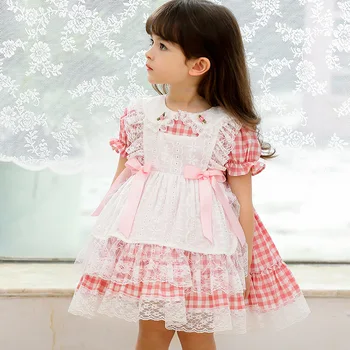 Vasaros Baby Girl ispanijos Grotelės Suknelės Kūdikiams Ispanija Lolita Princess Kamuolys Suknelė Vaikams 1-asis Gimtadienis Krikšto Nėrinių Lankas hl02