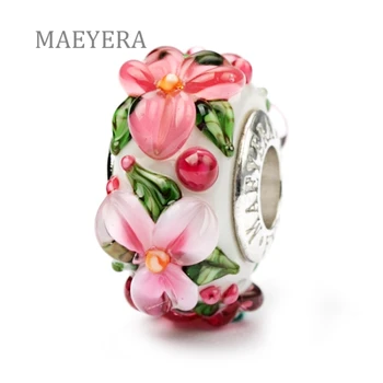 MAEYERA Autentiški 925 Sterling Silver Pink Gėlių Stereo Žiedlapių Murano Stiklo Karoliukai 