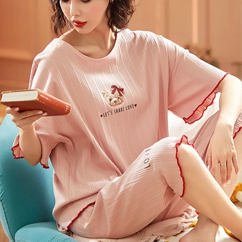 Kvėpuojantis 2VNT Pajama Shortsleeve Spausdinti Pijama Mujer Prarasti naktiniai drabužiai Tiktų Moterų Atsitiktinis Homewear Pajama Nustatyti Moterų Plius Dydis