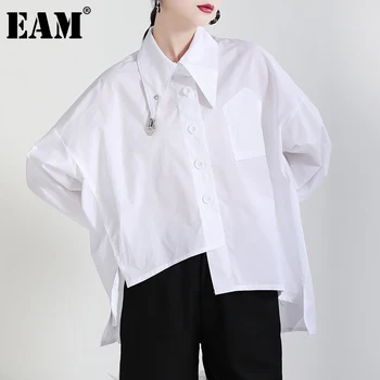 [EAM] Moterys, Balta Netaisyklinga Nugaros viduryje didelio Dydžio Palaidinė Naujas Atvartas ilgomis Rankovėmis Loose Fit Marškinėliai Mados Pavasario Rudens 2021 1DD7016