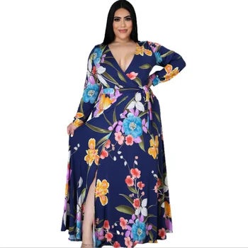 Moterims Gėlių Spausdinti Bohemijos Stiliaus Suknelės, Plius Dydis 2021 M. Vasarą Seksualus Giliai V-kaklo Aukštos Juosmens Varčias Padalinta Grindų ilgio Suknelė